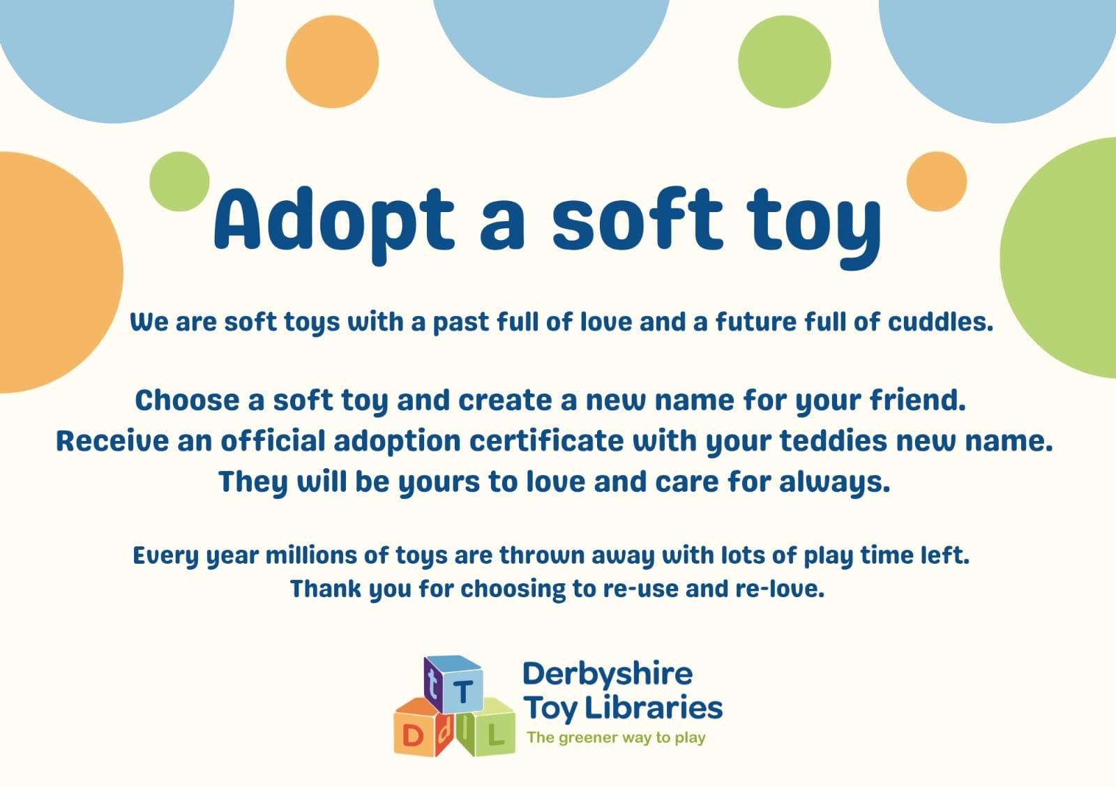 The "Adopt a soft toy" sign explaining the scheme to rehome pre-loved soft toys
